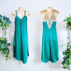 Vtg California Dynasty Emerald Green Satin Maxi Slip Dress Size S Chinese Knot